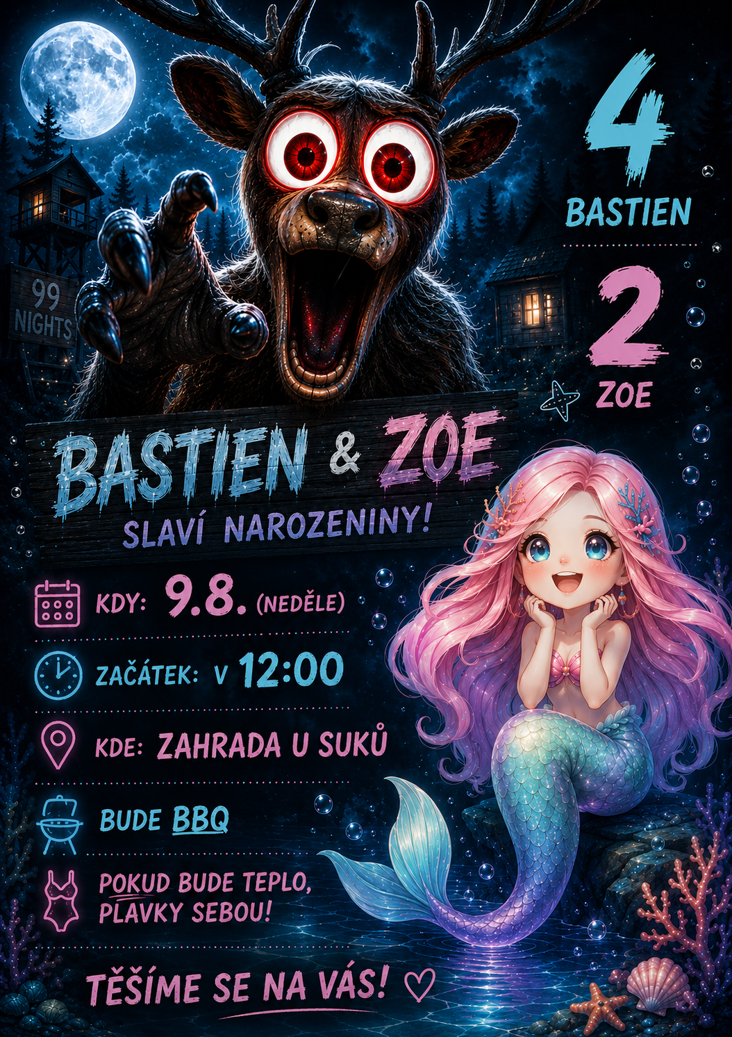 Pozvánka na narozeniny Bastiena a Zoe s jelenem v nočním lese a mořskou vílou